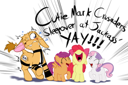 Size: 1188x789 | Tagged: safe, artist:0r0ch1, apple bloom, scootaloo, sweetie belle, oc, oc:0r0ch1, oc:jackass, donkey, earth pony, pegasus, pony, unicorn, cutie mark crusaders, donkey oc, female, filly, pale belly