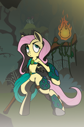 Size: 2000x3000 | Tagged: safe, artist:dfectivedvice, artist:jackiephantom13, artist:pananovich, fluttershy, pegasus, pony, belly button, bipedal, druid, fire, flutterbadass, flutterdruid, solo, staff, unconvincing armor