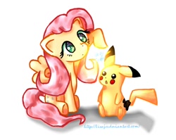 Size: 682x542 | Tagged: safe, artist:lisajes, fluttershy, pegasus, pikachu, pony, :o, crossover, cute, glow, head tilt, pokémon, shyabetes, simple background, sitting, white background