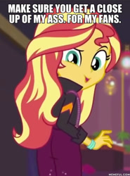 Size: 600x813 | Tagged: safe, edit, edited screencap, screencap, sunset shimmer, better together, equestria girls, ass, bunset shimmer, butt, caption, cropped, how to backstage, image macro, looking at you, looking back, looking back at you, text, vulgar