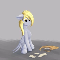 Size: 3000x3000 | Tagged: safe, artist:observerdoz, derpy hooves, pegasus, pony, chest fluff, cute, derpabetes, female, floppy ears, letter, mare, sad, sadorable, sitting, solo