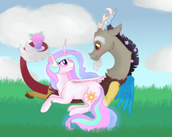 Size: 1900x1510 | Tagged: safe, artist:pigzfairy, discord, princess celestia, alicorn, pony, bouquet, cuddling, dislestia, floral head wreath, flower, flower in hair, male, shipping, snuggling, straight