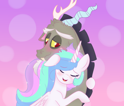 Size: 1400x1200 | Tagged: safe, artist:pigzfairy, discord, princess celestia, alicorn, pony, cute, dislestia, hug, male, shipping, straight