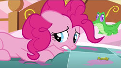 Size: 1073x602 | Tagged: safe, screencap, gummy, pinkie pie, earth pony, pony, party pooped, bed, discovery family logo, out of context