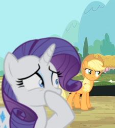 Size: 970x1080 | Tagged: safe, screencap, applejack, rarity, earth pony, pony, unicorn, three's a crowd, female, horn, mare