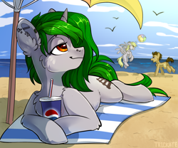 Size: 3000x2500 | Tagged: safe, artist:trickate, derpy hooves, doctor whooves, oc, earth pony, pegasus, pony, unicorn, beach, female, male, mare, my little pony, ocean, pepsi, rcf community, soda