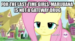 Size: 606x337 | Tagged: safe, screencap, fluttershy, pegasus, pony, testing testing 1-2-3, image macro, meme, mouthpiece, solo