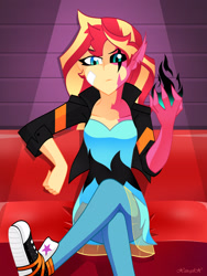 Size: 2448x3264 | Tagged: safe, artist:xan-gelx, sunset satan, sunset shimmer, human, equestria girls, badass, clothes, converse, crossed legs, dark magic, eye scar, female, glowing hands, hell-fire generation, jacket, looking at you, magic, pants, partial transformation, scar, sexy, shoes, sitting, sneakers, sofa, solo, teenager