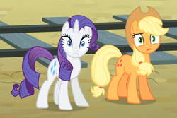 Size: 1333x891 | Tagged: safe, screencap, applejack, rarity, earth pony, pony, unicorn, three's a crowd, do not want