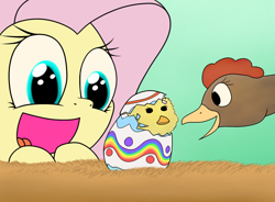 Size: 1600x1176 | Tagged: safe, artist:neitronik, fluttershy, chicken, pegasus, pony, amazed, chick, cute, egg, fascinated, hatching, looking at something, open mouth, shyabetes, wide eyes