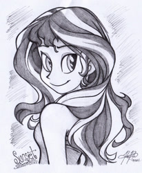 Size: 844x1024 | Tagged: safe, artist:bcpony, derpibooru exclusive, edit, sunset shimmer, human, equestria girls, clothes, female, looking back, looking over shoulder, signature, smiling, solo, traditional art