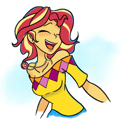 Size: 1037x1024 | Tagged: safe, artist:bcpony, derpibooru exclusive, edit, sunset shimmer, equestria girls, alternate hairstyle, bare shoulders, clothes, cute, eyes closed, happy, off shoulder, open mouth, shimmerbetes, short hair, shoulderless, simple background, solo, white background