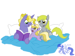 Size: 900x675 | Tagged: safe, artist:cosmic-rust, derpy hooves, dinky hooves, ponet, pegasus, pony, unicorn, bed, book, father and child, father and daughter, female, filly, male, mare, mother and child, mother and daughter, parent and child, ponetderp, shipping, simple background, stallion, straight, transparent background