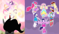 Size: 1215x707 | Tagged: safe, derpibooru import, applejack, fluttershy, king sombra, pinkie pie, rainbow dash, rarity, twilight sparkle, twilight sparkle (alicorn), alicorn, equestria girls, equestria girls (movie), spoiler:s09, comparison, humane five, mane six