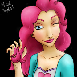 Size: 894x894 | Tagged: safe, artist:mentalmongloid, pinkie pie, human, black background, cleavage, female, grin, hand, humanized, simple background, solo, wink