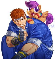 Size: 956x1024 | Tagged: safe, artist:0r0ch1, scootaloo, human, pegasus, pony, crossover, female, filly, king of fighters, male, shingo yabuki, snk