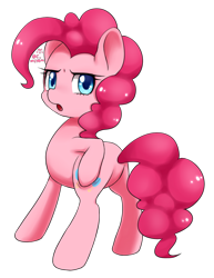 Size: 830x1077 | Tagged: safe, artist:shusu, pinkie pie, earth pony, pony, butt, frown, looking at you, looking back, looking back at you, open mouth, pixiv, plot, solo