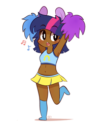 Size: 820x980 | Tagged: safe, artist:php56, derpibooru import, twilight sparkle, human, armpits, belly button, cheerleader, clothes, cute, dark skin, eared humanization, humanized, midriff, music notes, pom pom, pony ears, skirt, socks, solo, sports bra, twiabetes, twilight darkle