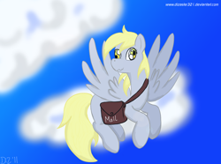 Size: 1320x980 | Tagged: safe, artist:dizaster321, derpy hooves, pony, cloud, flying, mailbag, mailmare, mailpony, sky, solo