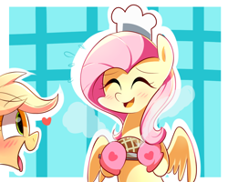 Size: 1000x800 | Tagged: safe, artist:hoyu, applejack, fluttershy, earth pony, pegasus, pony, chef's hat, hat, heart, mittens, pie, pixiv