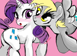 Size: 800x589 | Tagged: safe, artist:shugarsketch, derpy hooves, rarity, pegasus, pony, unicorn, blushing, derpity, female, flying, lesbian, pink background, shipping, simple background, wrong eye color