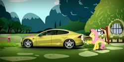 Size: 1500x755 | Tagged: safe, artist:nsdrift, fluttershy, pegasus, pony, car, supercar, tesla, tesla model s