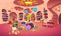 Size: 1429x850 | Tagged: safe, derpibooru import, twilight sparkle, book, golden oaks library, hay burger, library, solo