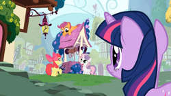 Size: 1365x768 | Tagged: safe, derpibooru import, screencap, apple bloom, scootaloo, sweetie belle, twilight sparkle, stare master, cutie mark crusaders