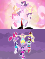 Size: 1088x1413 | Tagged: safe, derpibooru import, screencap, applejack, fluttershy, pinkie pie, rainbow dash, rarity, twilight sparkle, twilight sparkle (alicorn), alicorn, earth pony, pegasus, pony, unicorn, equestria girls, equestria girls (movie), the beginning of the end, spoiler:s09, comparison, fall formal outfits, female, humane five, mane six, mare, the elements in action, together