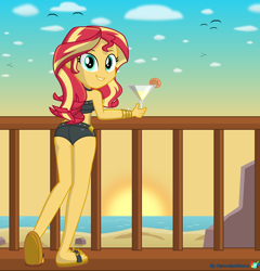 Size: 5000x5206 | Tagged: safe, artist:keronianniroro, sunset shimmer, equestria girls, equestria girls series, absurd resolution, ass, beach, bikini, bikini bottom, bunset shimmer, butt, clothes, cocktail, cocktail glass, feet, female, flip-flops, looking at you, looking back, looking back at you, ocean, sand, sandals, sexy, signature, solo, stupid sexy sunset shimmer, summer sunset, sunset, sunsex shimmer, swimsuit
