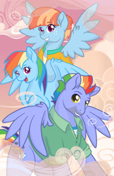 Size: 1242x1920 | Tagged: safe, artist:nytewell, derpibooru import, bow hothoof, rainbow dash, windy whistles, pegasus, pony, cloud, cute, eye clipping through hair, family photo, father and child, father and daughter, female, male, mare, mother and child, mother and daughter, parent and child, smiling, spread wings, stallion, trio, wing fluff, wings