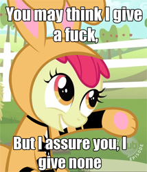 Size: 578x674 | Tagged: safe, artist:0r0ch1, edit, edited screencap, screencap, apple bloom, earth pony, pony, rabbit, family appreciation day, animal costume, bunny costume, clothes, costume, female, fence, filly, hub logo, image macro, no fucks, solo, suit, vulgar