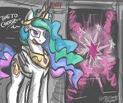 Size: 2359x1973 | Tagged: safe, artist:flutterthrash, princess celestia, alicorn, pony, crossover, dialogue, gman, half-life, portal, solo