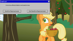 Size: 580x325 | Tagged: safe, edit, edited screencap, screencap, applejack, earth pony, pony, applebuck season, derp, error message, funny, joke, message box, solo