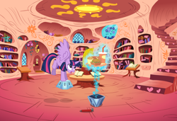 Size: 1280x875 | Tagged: safe, derpibooru import, twilight sparkle, twilight sparkle (alicorn), alicorn, pony, princess twilight sparkle (episode), crowbar, female, hay burger, library, mare, mystery box of plot importance, solo