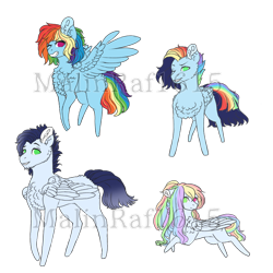 Size: 888x888 | Tagged: safe, artist:malinraf1615, derpibooru import, rainbow dash, soarin', oc, oc:maxillian, oc:rainbow pastel, pegasus, pony, chest fluff, colt, family, female, filly, heterochromia, male, missing cutie mark, no pupils, obtrusive watermark, offspring, parent:rainbow dash, parent:soarin', parents:soarindash, rainbow hair, shipping, simple background, soarindash, spread wings, straight, transparent background, watermark, wings