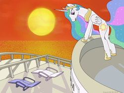 Size: 1024x767 | Tagged: safe, artist:soanos, princess celestia, alicorn, pony, beach chair, ocean, ship, solo, sunset