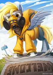 Size: 796x1126 | Tagged: safe, artist:hattiezazu, derpy hooves, pegasus, pony, badass, boots, clothes, converse, coronavirus, covid-19, delivery, delivery pony, epic derpy, female, food, gas mask, hoodie, mask, ppe, respirator, shoes, solo