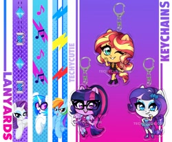 Size: 2048x1686 | Tagged: safe, artist:techycutie, dj pon-3, rainbow dash, rarity, sci-twi, sunset shimmer, twilight sparkle, vinyl scratch, alicorn, human, pony, unicorn, better together, equestria girls, chibi, cute, geode of empathy, geode of shielding, glasses, keychain, lanyard, magical geodes, music notes, ponied up, raribetes, scitwilicorn, shimmerbetes, thread, twiabetes