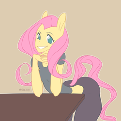 Size: 1000x1000 | Tagged: safe, artist:moxaji, fluttershy, anthro, ambiguous facial structure, grin, midriff, solo