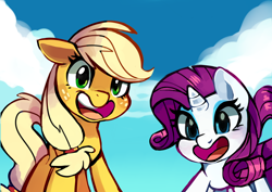 Size: 1600x1131 | Tagged: safe, artist:pepooni, applejack, rarity, earth pony, pony, unicorn, looking at you, open mouth