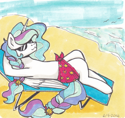 Size: 400x379 | Tagged: safe, artist:nothingspecialx9, princess celestia, alicorn, pony, :3, beach, beach chair, braid, braided tail, newbie artist training grounds, sarong, solo, sunbathing, sunglasses, traditional art