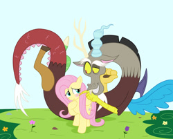 Size: 1280x1027 | Tagged: dead source, safe, artist:jiosen, discord, fluttershy, pegasus, pony, discoshy, female, male, poking, shipping, straight