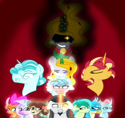 Size: 2168x2040 | Tagged: safe, artist:bea-drowned, chancellor neighsay, cozy glow, gallus, ocellus, principal abacus cinch, sandbar, silverstream, smolder, sunset shimmer, yona, oc, oc:ms. bea, pegasus, pony, countess, student six, the young six