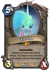 Size: 400x573 | Tagged: safe, princess celestia, oc, oc only, oc:celestai, alicorn, pony, fanfic:friendship is optimal, artificial intelligence, card, hearthstone, mecha, meta, nightmare fuel, warcraft