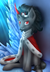 Size: 700x1000 | Tagged: safe, artist:thebluedreammaker, derpibooru import, king sombra, pony, unicorn, cape, clothes, crown, crystal, fangs, jewelry, looking at you, red eyes, regalia, solo