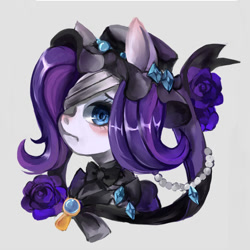 Size: 580x580 | Tagged: artist needed, safe, rarity, pony, unicorn, bandage, bust, clothes, flower, gray background, hat, rose, simple background, solo