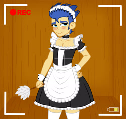 Size: 1900x1800 | Tagged: safe, artist:mashoart, flash sentry, equestria girls, blushing, camera shot, clothes, crossdressing, dress, duster, girly sentry, implied porn, maid, maid headdress, maid sentry, male, solo, stockings, thigh highs, trap sentry