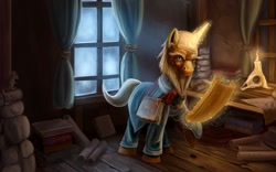 Size: 1920x1200 | Tagged: safe, artist:tsitra360, pony, rat, unicorn, bald, beard, book, candle, clothes, deckard cain, diablo, glowing horn, mage, magic, male, old, ponified, realistic, scroll, skull, solo, stallion, window