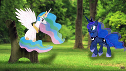 Size: 1920x1080 | Tagged: safe, artist:ocarina0ftimelord, artist:pablomen13, princess celestia, princess luna, bench, irl, open mouth, park, photo, ponies in real life, raised hoof, shadow, sitting, tree, vector